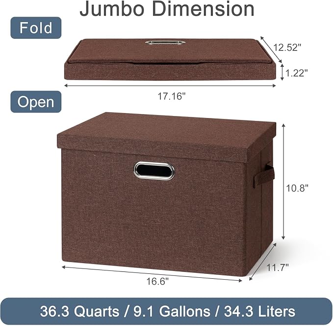 Storage Bins with Lids Fabric Closet Organizers Cubes Office Organization | 36 Quart 3 Pack Dark Red Collapsible Stackable Linen Fabric 4 Handles Bedroom Closet Cabinet Under Bed Clothes Toy Office