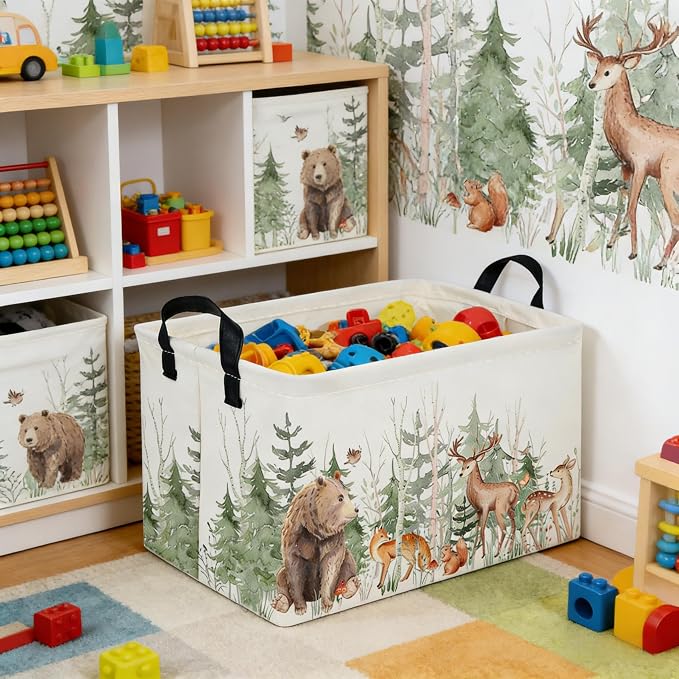 Rectangular Storage Basket,Kids Basket Animal Baskets Cute Storage Bins,Waterproof Collapsible Clothes Kids Storage Basket,Gift Basket,Animals Room Decor(Woodland Animal)