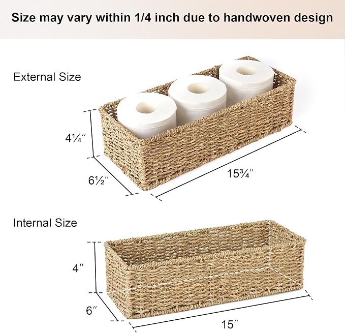 StorageWorks Toilet Paper Basket, Bathroom Basket Organizer for Storage | Long Narrow Wicker Seagrass Storage Baskets for Tank Topper, Decorative Toilet Tank Basket for Bathroom, Pantry, 2-Pack