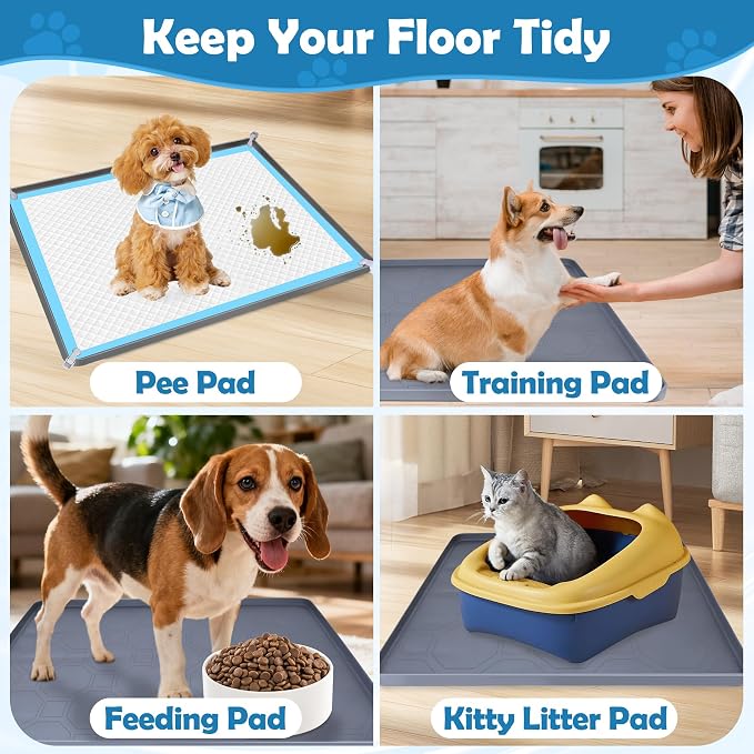 Dog Pee Pad Holder, Dog Potty Tray Silicone Puppy Pad Holder Tray Fits for 37.4" x 25.4" Training Pads, Puppy Potty Tray With 4 Clamps No Spill Raised Lip High Edge for Floor Protection (Grey)