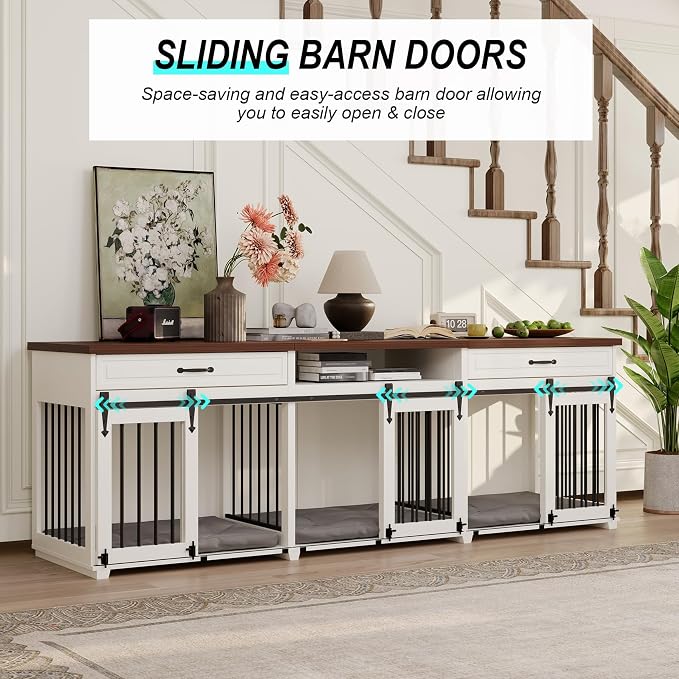 Dog Crate Furniture - Indoor Wooden Dog Furniture Crate Kennel with 3 Sliding Barn Doors, 2 Drawers & 1 Shelf - 95" Lx23.6 Wx31.5 H, White