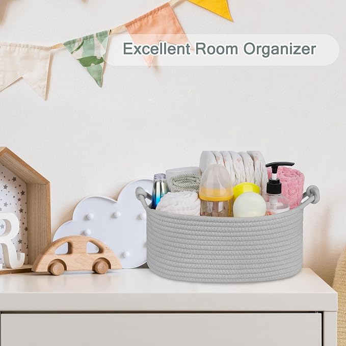 COMSE Small Gift Basket Empty with Bag & Ribbons, Solid Cool Gray | Cotton Rope, 12"x 8"x 5", Pet Toy Storage Organizer, Woven Basket for Birthdays, Baby Showers, Mother’s Day, Valentine’s Day