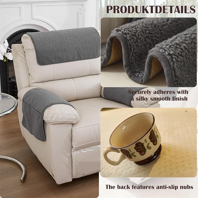Sherpa Fleece Armrest and Headrest Covers with 2 Pockets | Soft fleece with nonslip silicone backing helps protect leather and fabric furniture from pet scratches machine washable