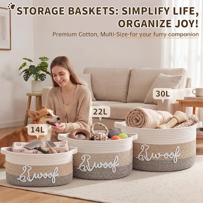 OIAHOMY 30L Large Dog Toy Basket, 17.8"×13"×10" Cotton Rope Basket with Cute Woof Embroidery, Soft Woven Pet Toy Box with Handles for Blankets, Leashes & Puppy Accessories, Decorative Organizer Brown