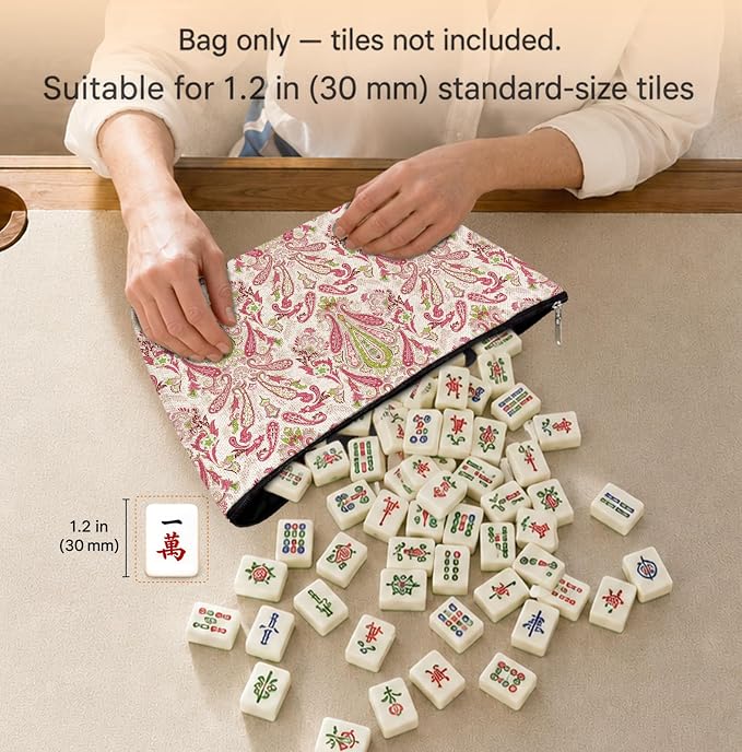 Boho Pink Paisley Empty Mahjong Tile Bag 13x7.8 Inch | Pink Green Floral Portable Travel Case Organizer Zipper Pouch for American Mahjong Tiles Game Night Accessories and Gifts