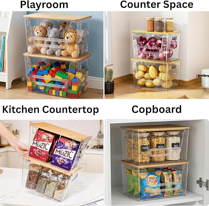 2 Set Pantry organizers and Storage,Trash Bag Holder Under sink Organizer for 4-13 Gal Bags,Trash Bag Dispenser with Bamboo Lids and Stackable Clear Bins for Potato, Onion, Garlic, Fruit, Vegetables