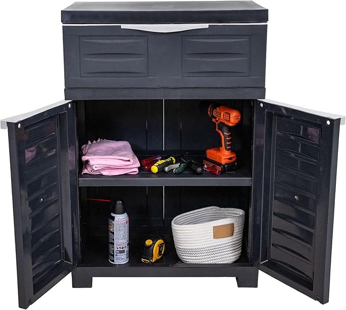 Sunnydaze 34.5" Garage Storage Cabinet with Adjustable Shelf, Charcoal | Heavy Duty Resin Storage Cabinet Resists Rust & Peeling, Utility Cabinet with Drawer & Anti-Tip Kit for Laundry, Office