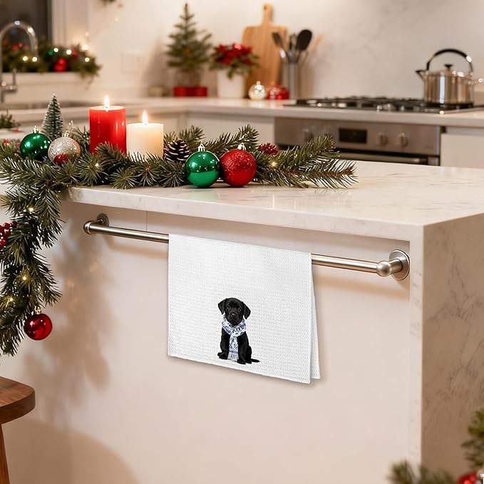 Chinoiserie Black Labrador Retriever Kitchen Towels 16x24 in, Black Lab Gifts, Gifts for Labrador Lovers, Grandmillennial Blue Scarf Dog Decorative Hand Tea Dish Towels for Bathroom Kitchen