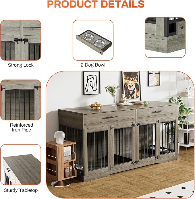Rophefx 72" Dog Crate Furniture for 2 Dogs, Large Dog Kennel Furniture with 2 Storage Drawer and Removable Divider, Wooden Dog Cage with 4 Bowls, Indoor Dog House TV Stand for Medium Dog, Grey