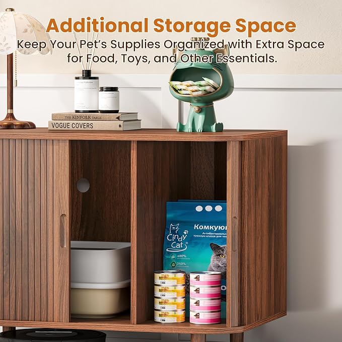 Snughome Cat Litter Box Enclosure, 35.4'' Hidden Litter Box Furniture with Sliding Door, Modern Hidden Litter Box Cabinet, Wooden Indoor Cat House, TV Stand, Side End Table for Living Room, Walnut