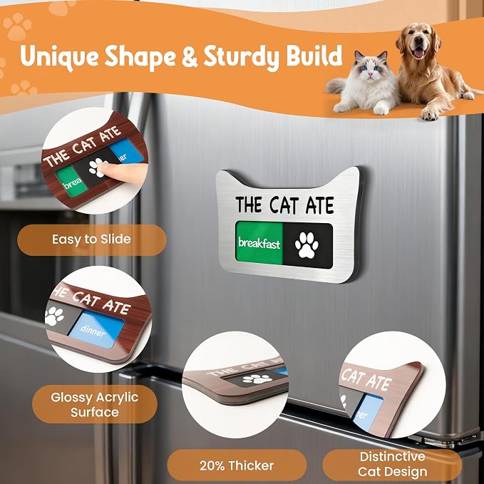 Cat Feeding Reminder Sign, Magnetic Pet Fed Schedule Chart with Slider, Breakfast & Dinner Tracker for Fridge, Prevent Overfeeding, Unique Cat Ear Shape Acrylic Sign, 4.7" x 3", Silver