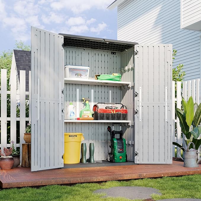 Aoxun 64 Cu.Ft Resin Outdoor Storage Shed with 2 Shelves & Floor, White | Vertical Waterproof Cabinet for Garage, Pool, Bike, Garden Tools, Patio Furniture