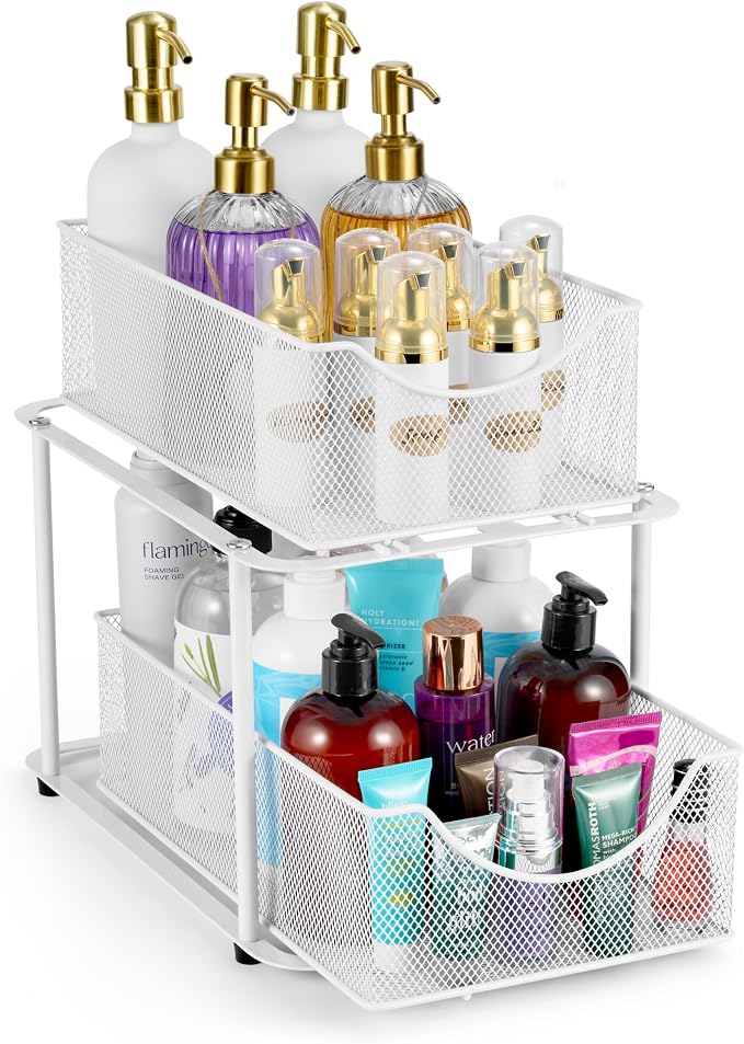Sorbus Pull-Out Under Sink Organizer, Mesh Construction (White, 1 Pack) | Two-tier metal organization with strong steel and sliding drawers for bathrooms, kitchens, cabinets, closets and pantries.