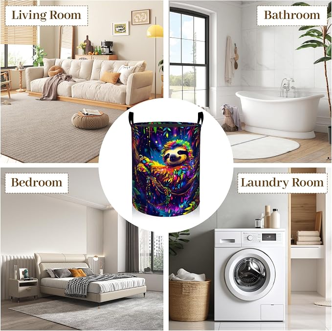 Colorful Sloth Laundry Basket, Mystical Jungle Foldable Oxford Cloth, Waterproof Dirty Clothes Hamper with Handles, Clothing Storage Bin Toy Organizer for Bedroom Dorm Bathroom, 19.7"x15.7"