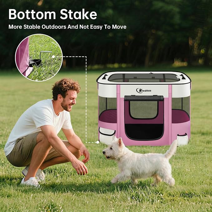 Siedihit 28" Dog Playpen,Cat Puppy Pen, Pet Portable Crate Indoor Outdoor | Durable Travel Camping Use,Foldable Dog Kennel Tent Cage for Rabbit Small Animals with Carrying Case(Pink with Blanket, Small