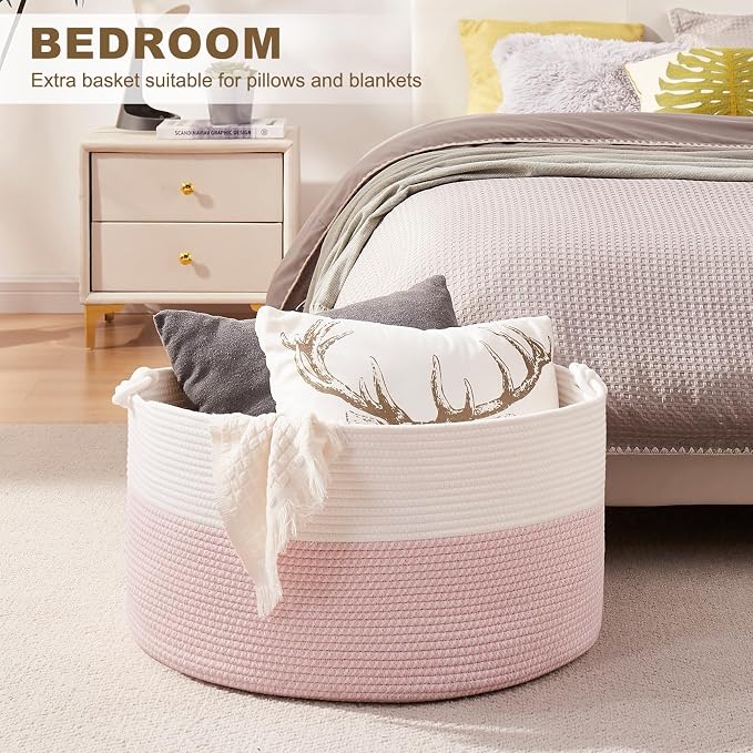 OIASKET Large Blanket Storage Basket for Living Room, 22.8" x 22.8" x 13" Woven Cotton Rope Basket with Handles, Baby Toy Storage, Laundry Hamper for Clothes, Pillows, Towels-Pink and White