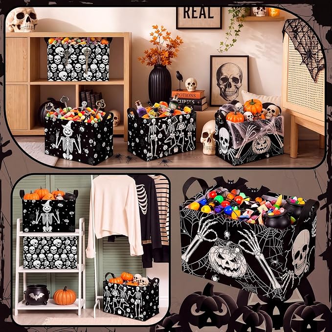 4 Pcs Halloween Storage Basket for Gifts Large Spooky Skeleton Storage Bins with Handles 15 x 10 x 8 Fabric Laundry Baskets Halloween Skull Collapsible Organizer Boxes for Home Cloth Toys Book