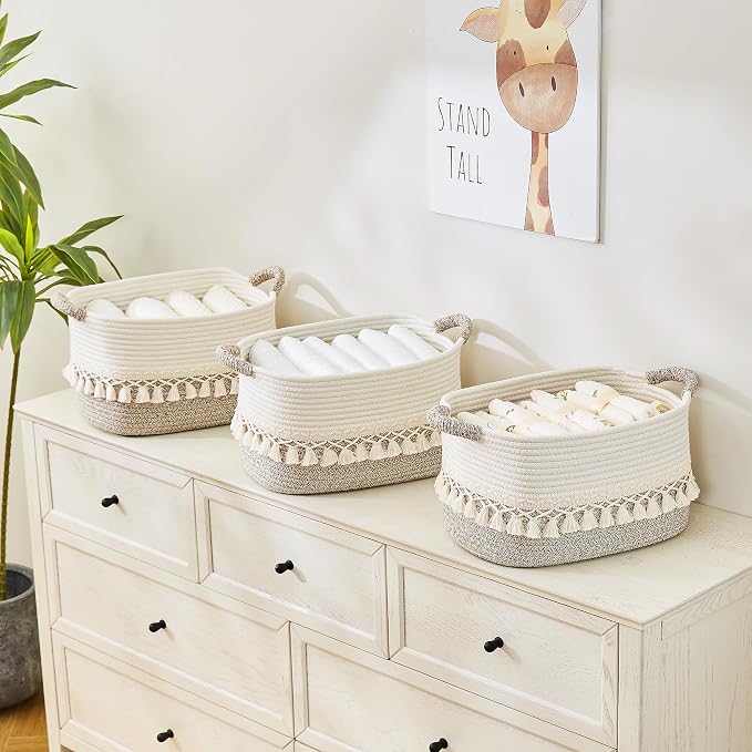 Storage Basket, Woven Baskets for Shelves, White/Beige | 3 Pack Boho Cotton Rope Storage Baskets, 14" x 9" x 8", Home Organizer for Nursery, Holds Toys, Books & Towels