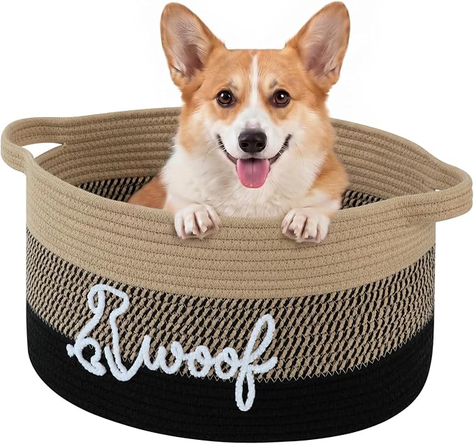 OIAHOMY 22L Large Dog Toy Basket, 16.5"x11.4"x9" Cotton Rope Basket with Cute Woof Embroidery, Soft Woven Pet Toy Box with Handles for Blankets, Leashes & Puppy Accessories, Yellow Black