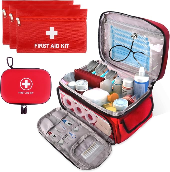 First Aid Bag Empty, 5-Set with Large Medical Organizer, 3 Portable Pouches & Hanging Bag for Home Car Travel Camping Office School Outdoor Adventure Medical Supplies,Pet First Aid Kits (Red)