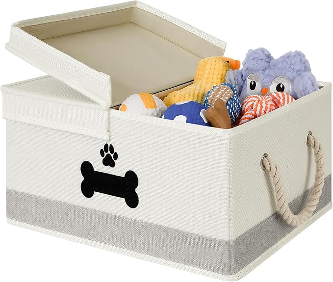 Dog Toy Basket with Double-Open Lid, Divided Dogs Basket for Toys, Collapsible Pet Toys Box, Dog Storage Organizer with 2 Divided Area, Puppy Toy Baskets with Rope Handles, Beige & Gray