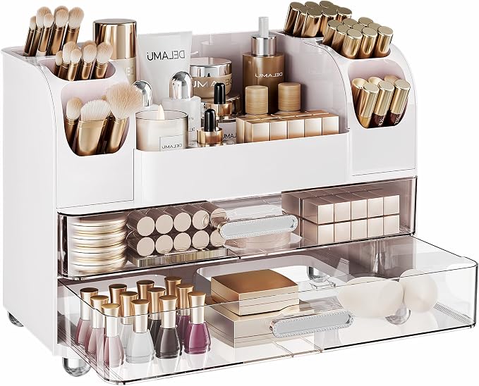 Delamu Large Makeup Organizer Countertop with 6 Brush Holders, White