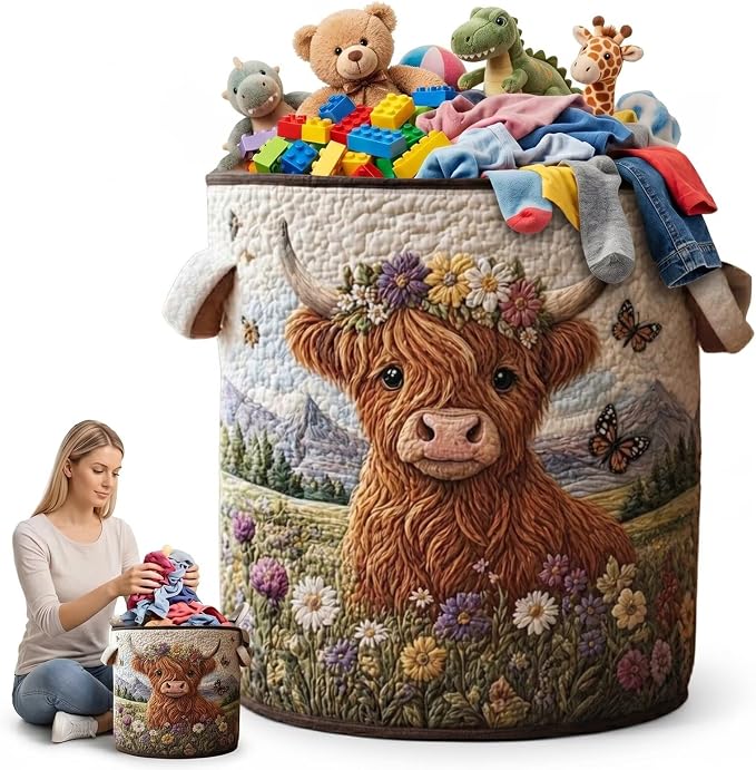 Floral Wreath Highland Cow Laundry Basket Quilted Canvas Toy Storage Bin Butterfly Pattern Clothes Hamper Organizer(14"x 18")