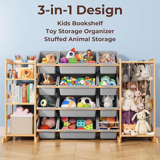Toy Storage Organizer with Bookshelf and Stuffed Animal Storage - Kids Playroom Organization with Shelves and 12 Toy Bins - Toddler Living Room Toy Box for Lego - Nursery Bedroom Decor Essential