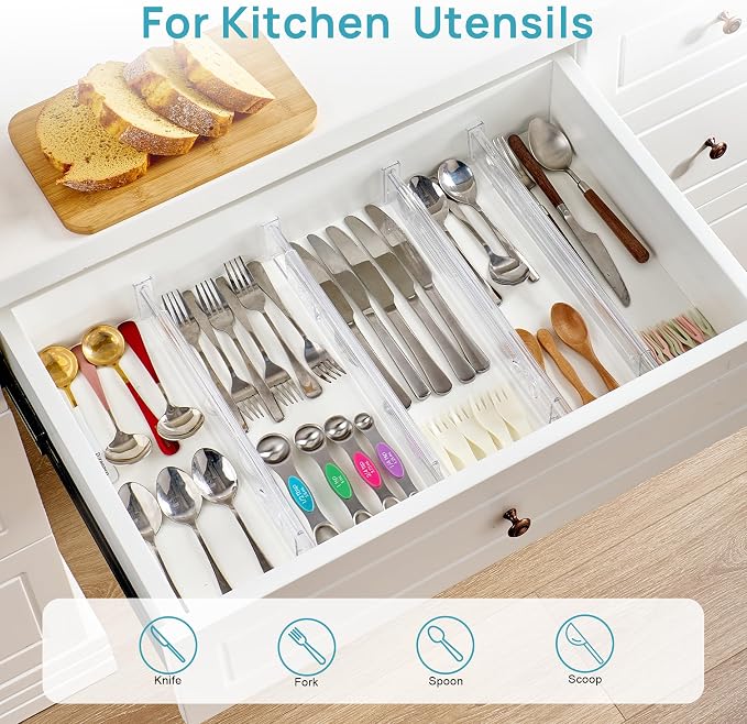 Vtopmart 2.36" Short Upgrade Drawer Dividers 12.8"-22.3" Expandable 8 Pack | Adjustable Kitchen Drawer Organizer, Clear Plastic Separator for Flatware, Utensils, Cutlery, Underwear Storage, Space Saving
