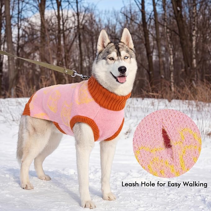 IDOMIK Knitted Dog Sweaters for Large Dogs, Stretchy Dog Winter Sweater,L | Warm Pink Dog Sweater with Leash Hole, Cozy Knitwear with Turtleneck, Soft Sleeveless Dog Clothes for Holiday Christmas