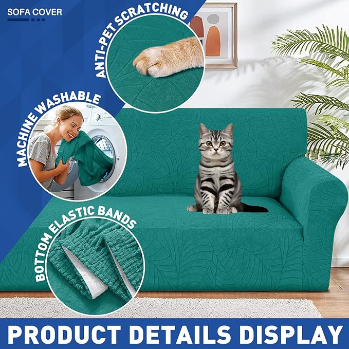 YEMYHOM Couch Cover Latest Jacquard Design High Stretch Sofa Covers for 3 Cushion Couch, Pet Dog Cat Proof Slipcover Non Slip Magic Elastic Furniture Protector (Large, Begonia Leaf Blackish Green)