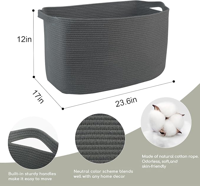 Extra Large Rope Basket, 23.6" x 17" x 12" Rectangle Wicker Baby Laundry Basket, Kids Toy Storage Baskets, Woven Basket for Blankets Clothes Pillows, Laundry Room Organization, Dark Grey