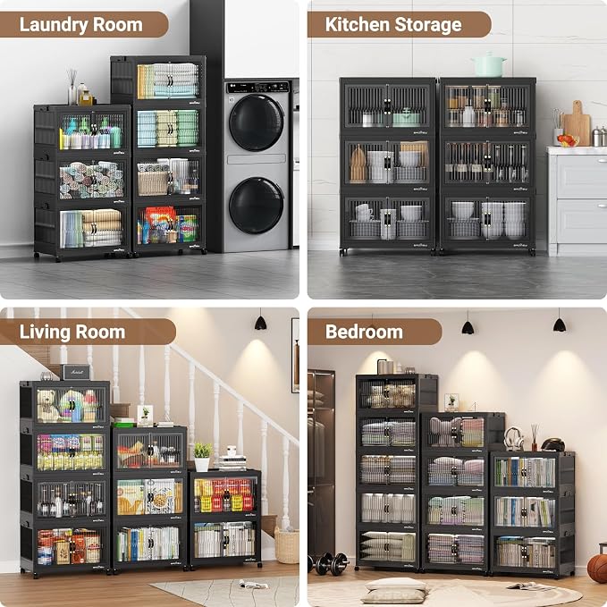 BROVIEW 360Qt Stackable Storage Bins with Lid for Home Dorm, 3Pack Black | Closet Organizers, Foldable & Collapsible Cabinets, Large Containers, Wheels & Magnetic Doors, Plastic Drawers for School