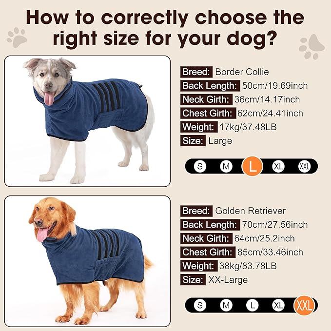 Microfibre Dog Bathrobe Towel Wrap Super Absorbent Dog Drying Coat Bath Robe for Puppy, Medium & Large Dogs, Fast Drying, Adjustable