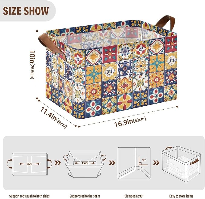 Mexican Spanish Style Colorful Tile Pattern Storage Bins for Shelves with Labels&Handles Fabric Organizer Bin Foldable Rectangle Storage Basket Boxes for Closet, Bathroom, Home, Living Room, 2 Pack