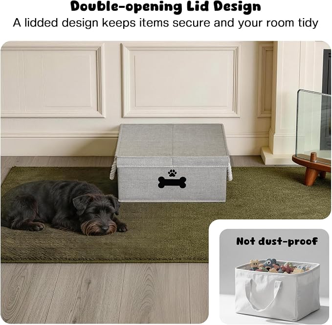 Dog Toy Basket with Double-Open Lid, Divided Dogs Basket for Toys, Collapsible Pet Toy Box, Dog Storage Organizer with 2 Divided Area, Puppy Toys Baskets with Rope Handles, Gray