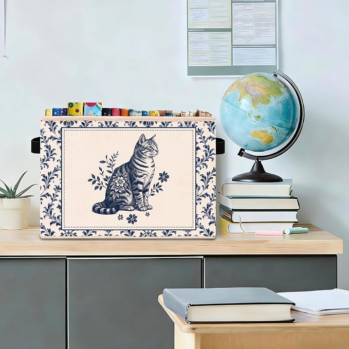 Blue Floral Cat Storage Bin, Foldable Fabric Organizer | Blue floral cat storage bin with vintage porcelain style for toys, books, clothes, pet items, shelves, and rooms.