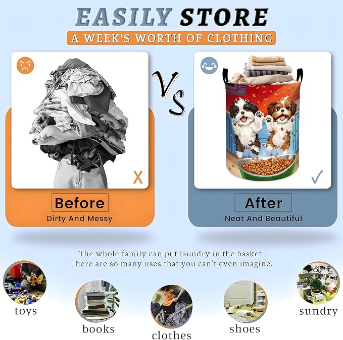 Funny Dog Laundry Basket, Puppy Pet Food Bowl Print Storage Hamper, Round Collapsible Waterproof Cloth Bin, 19.7x15.7 Inch Playful Clothes Organizer Gifts for Bathroom Decor