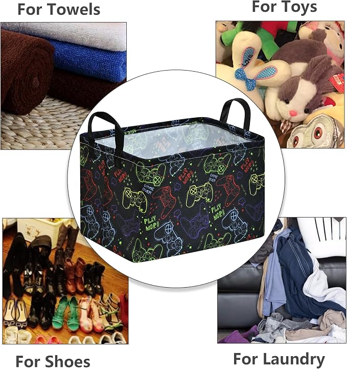 MAIZMZ Game Controller Storage Bin, Waterproof Linen Laundry Basket with Handles for Game Room Bed, Gifts,Toys