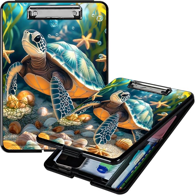 Heavy Duty Storage Clipboard, Slim Nursing Clipboard with Internal Pen Case, Portable File Organizer Case for A4 Letter Size Paper Office Medical Professionals, Sea Turtle Seaweed