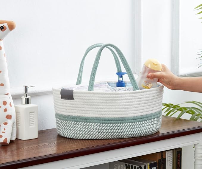 DECOMOMO XL Baby Caddy Organizer, Extra Large Diaper Caddy Basket | Baby Baskets for Baby Shower Gifts (Sage Green & White)