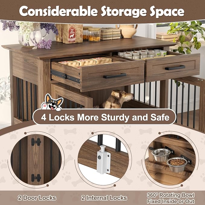 44.48" Large Dog Crate, 3-in-1 Wooden Dogs Crate End Table TV Stand Furniture with 2 Storage Drawers and Rotating Bowls, Decorative Pet House Dog Crates for Small/Medium Dogs, Brown
