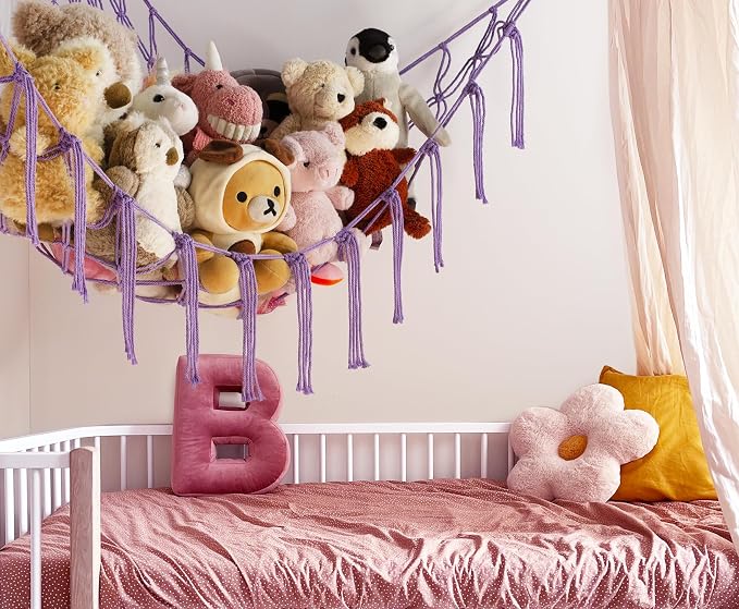 Stuffed Animal Storage Hammock or Net - Toy Hammock Net for Stuffed Animals Corner - Hanging Stuff Animal Organizer Holder Ideas for Plush Plushie - Purple Kids Baby Nursery Wall Bedroom Room Decor