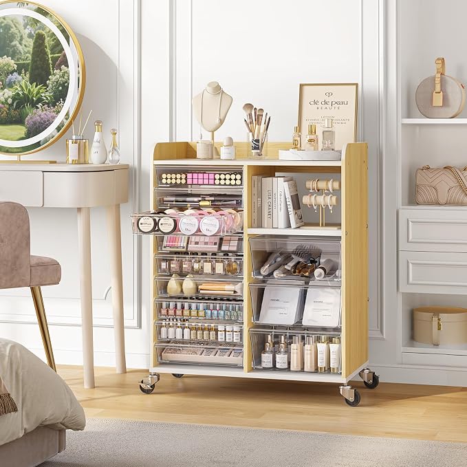 12-Drawer Storage Cabinet with Wooden Top,Open Shelf, Wood Grain | Storage Furniture System with PET Clear Drawers, Lockable Wheels, for Craft Room, Makeup Vanity, Kids & Home Organization