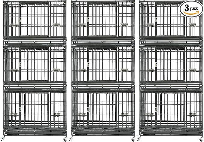 Homey Pet 3 Pack Three Tier 37" Heavy Duty Stackable Dog Crate with Wheels | Drop Cages for Dogs with Escape proof Locks, Tray, Bowl, Open Top, for Small and Medium Dogs, Breeders and Multi-dog Homes
