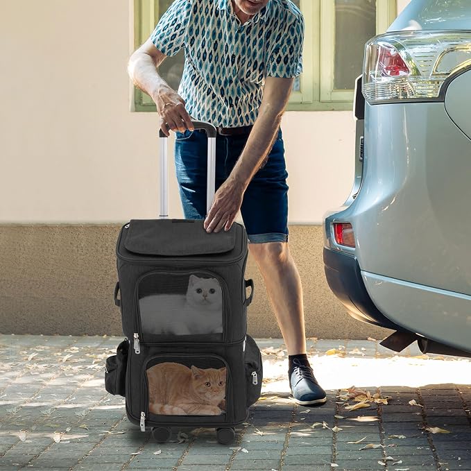 2-Tier Rolling Pet Carrier for Cats & Dogs, Removable Divider, Telescopic Handle, 4 Wheels, Breathable Mesh, Foldable, Large Portable Travel Crate with Side Pockets, 22lbs Capacity,Black