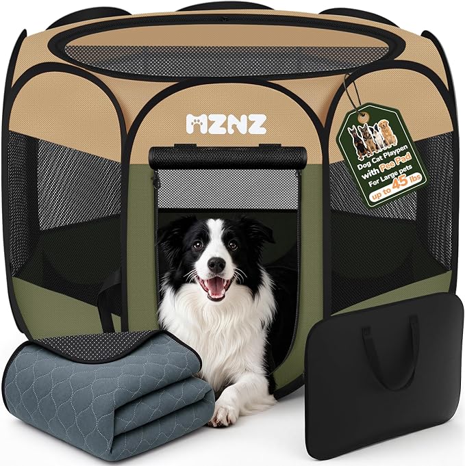 Dog Cat Small Animal Puppy Playpen with Pee Pad, Large, Olive Green | Portable Pop Up Pet Cage Enclosure Tent Kennel Indoor Outdoor with Carrying Case, No Assembly, Camping Use