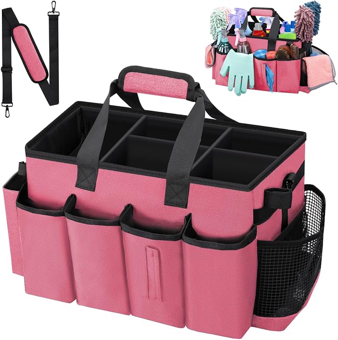 Wearable Large Cleaning Caddy Bag for Housekeepers (Rosered) | Cleaning Supplies Organizer with Adjustable Shoulder, Waist & Handle Straps, Detailing Bag for Kitchen Supplies