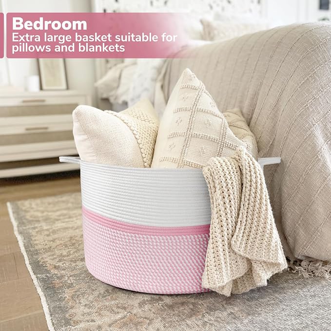 CHICVITA XXL Cotton Rope Woven Blanket Basket with Handles, Pink | Extra large storage basket doubles as clothes and laundry hamper. Decorative, 22x22x14 inches