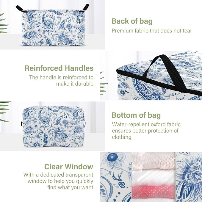 Blue Paisley Floral Clothes Storage Bag Bins 2 Pack Foldable Storage Containers Large Closet Organizer with Zipper Blanket Storage Bag for Clothing Bed Sheets Comforters 95L